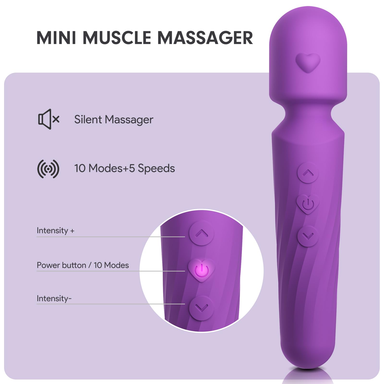 Electric Travel Massager, 10 Modes 5 Speed Powerful Silent Waterproof Handheld Neck Muscle Massage Tool (Lavender)