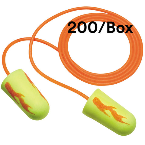 3M Ear Plugs, Pack of 200, E-A-Rsoft Yellow Neon Blasts 311-1252, Corded, Disposable, Foam, NRR 33, Drilling, Grinding, Machinin