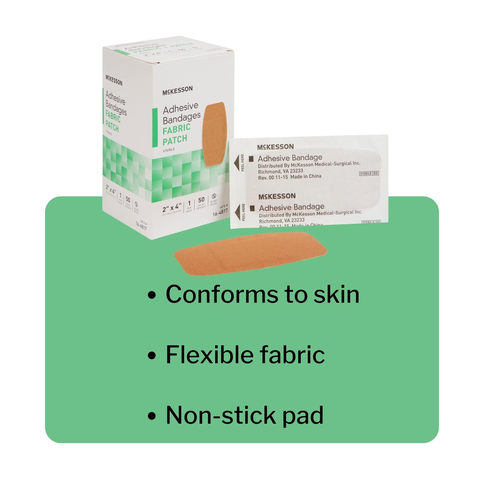 McKesson Adhesive Bandages, Sterile, Fabric Patch, 2 in x 4 in, 50 Count, 24 Packs, 1200 Total