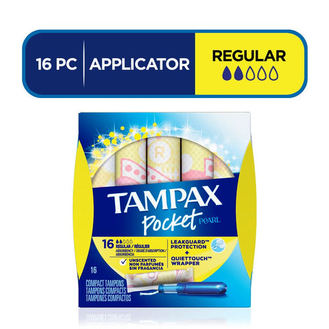 Tampax Pocket Pearl Tampons Regular Absorbency with LeakGuard Braid, Unscented, 16 Count