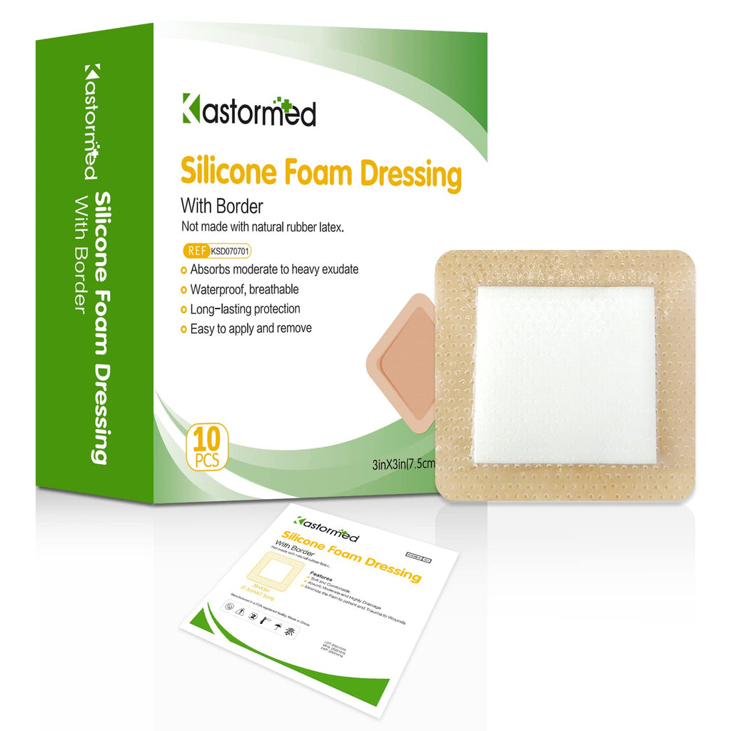 Silicone Adhesive Foam Dressing with Gentle Border 3x3 10 Pack, High Absorbency Foam Wound Bandage for Bed Sore Leg Ulcer Fo