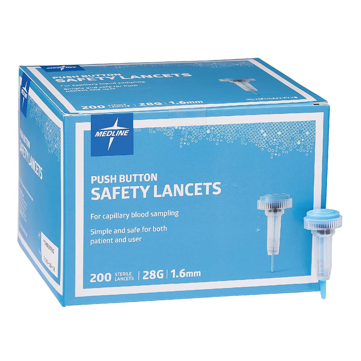 Medline Sterile Safety Lancets, Push-Button Activation, Blood Glucose Testing, Controlled Penetration, 28G x 1.6 mm, 200 Count