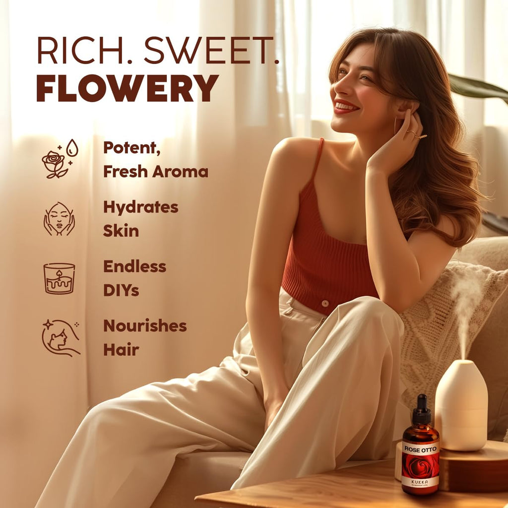 Kukka Rose Essential Oil for Skin, Face & Diffuser - 4 Fl Oz - 100% Pure Natural Rose Oil, Delicate Floral Scent, for Aromathera