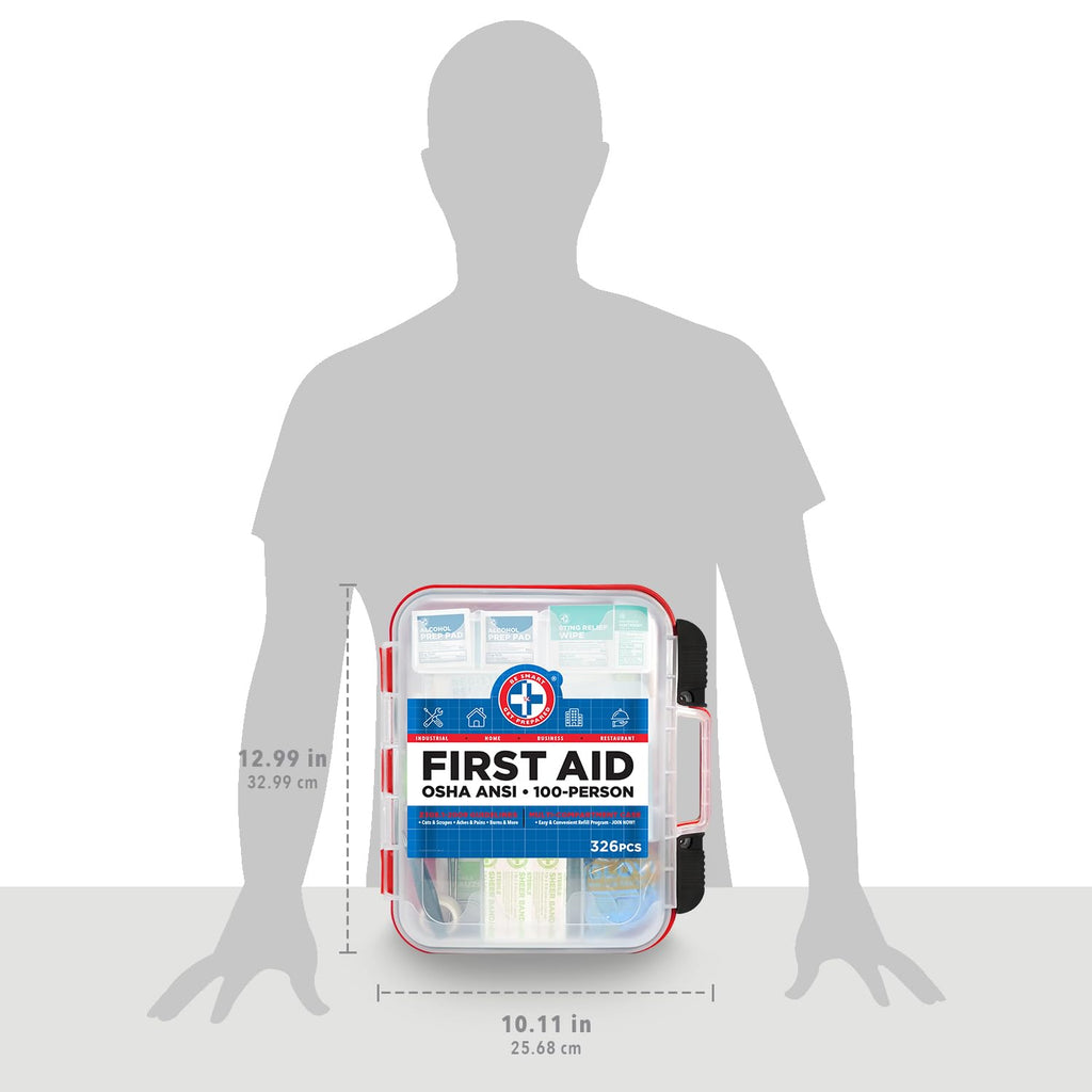 Be Smart Get Prepared First Aid Kit Hard Red Case 326 Pieces Exceeds OSHA ANSI Guidelines 100 People. Office, Home, Car, School,
