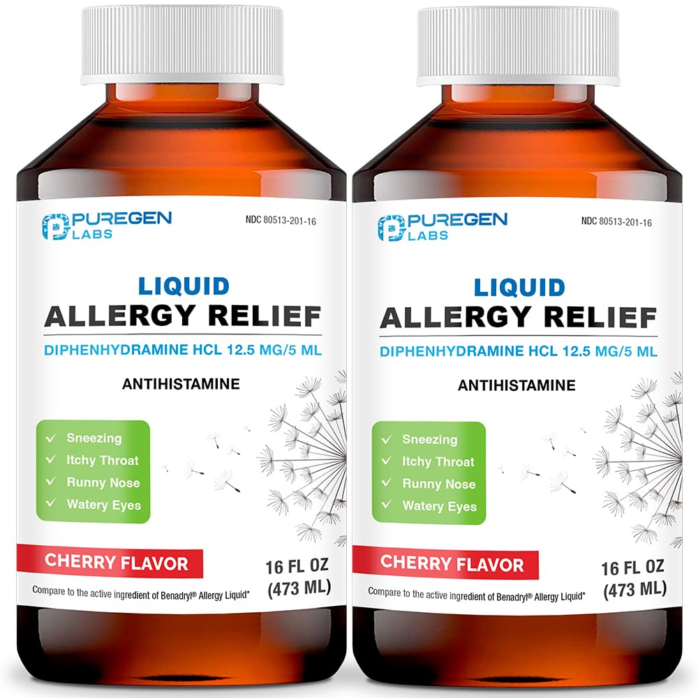 Puregen Labs Allergy Relief Oral Solution, Diphenhydramine HCl 12.5mg/5 mL, Antihistamine, Cherry Flavor, 16 Ounces 2 Pack