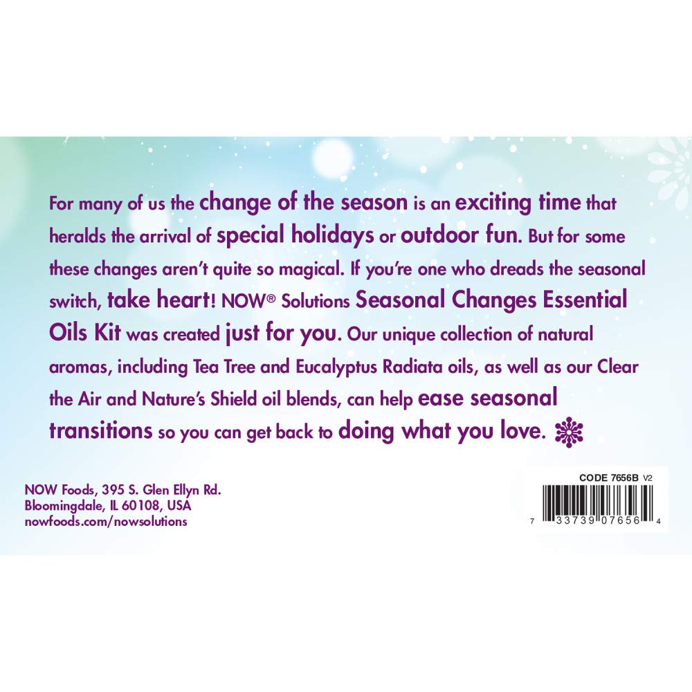 NOW Essential Oils, Seasonal Changes Balancing Aromatherapy Kit, 4x10ml Including Tea Tree, Eucalyptus Radiata, Clear the Air an