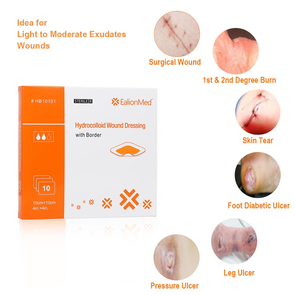 Hydrocolloid Bandage, Hydrocolloid Wound Dressing with Border 4x4 for Light to Medium Exudate Wound, Pressure Ulcer, Bed Sor