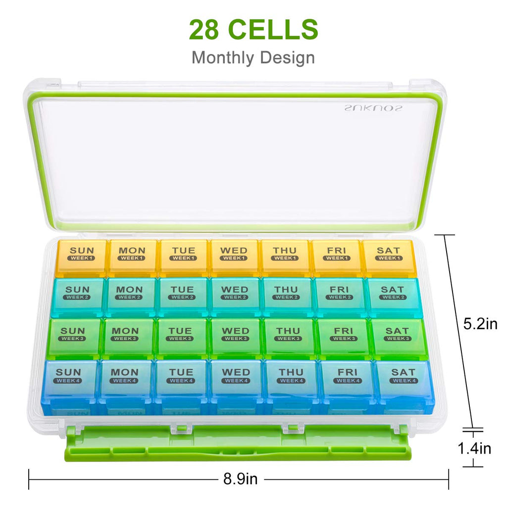 Sukuos Monthly Pill Organizer 28 Day Easy to Open, Large Moisture-Resistant Pill Box Cases with Dust-Proof Box and Clear Lid for