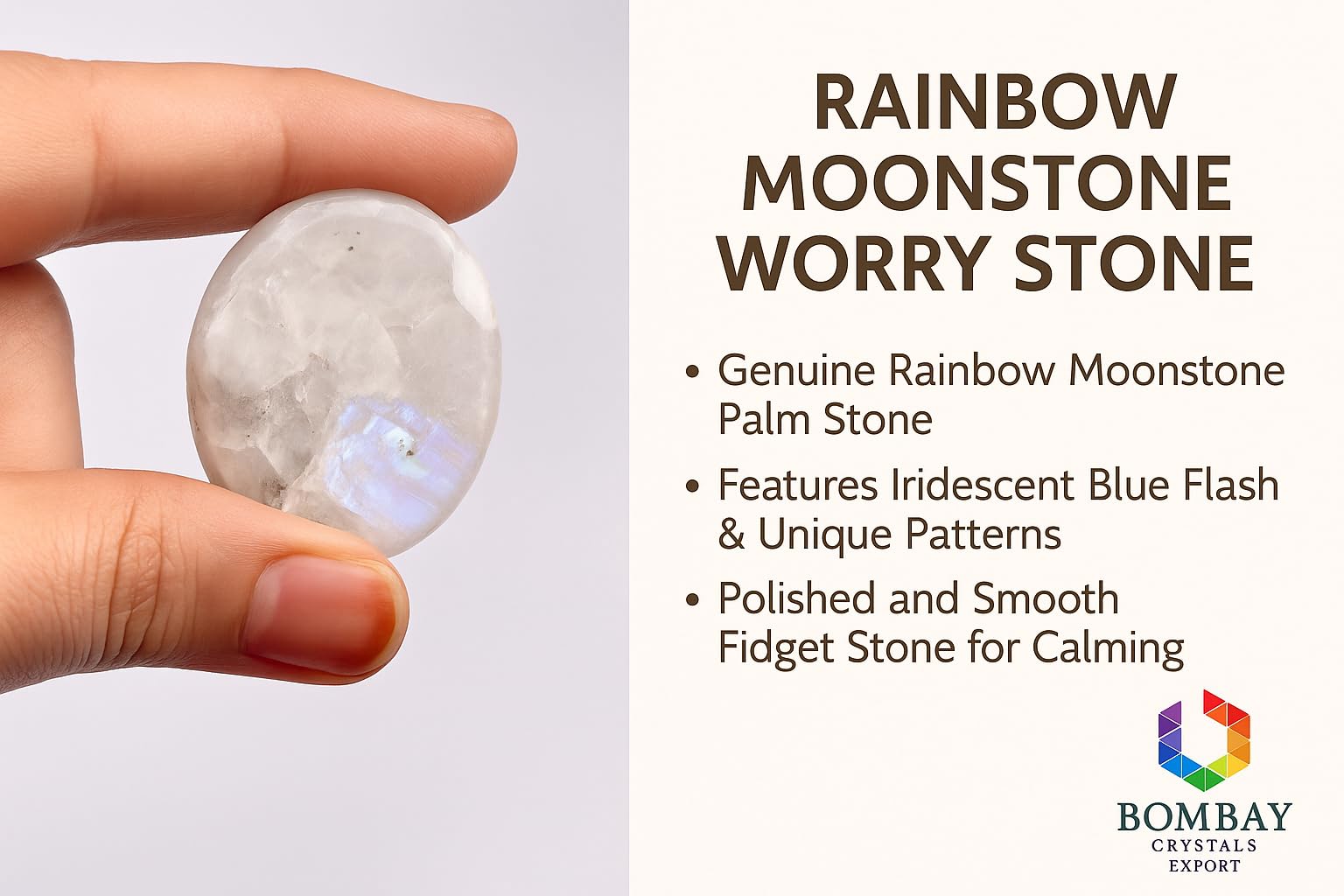 Rainbow Moonstone Worry Stone - Genuine Polished Palm Crystal for Stress & Anxiety Relief, Meditation Thumb Stone Gift for Mindf