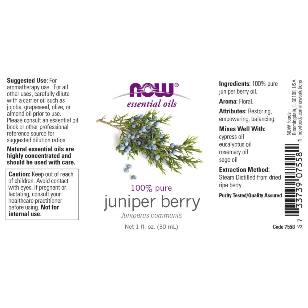 NOW Essential Oils, Juniper Berry Oil, Restoring Aromatherapy Scent, Steam Distilled, 100% Pure, Vegan, Child Resistant Cap, 1-O