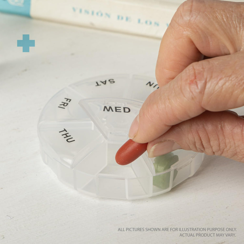 Deke Home - Round Portable Pill Box, Medicine Planner, Small 7 Day Weekly Travel Container, Medication, Vitamin Holder, Pillbox