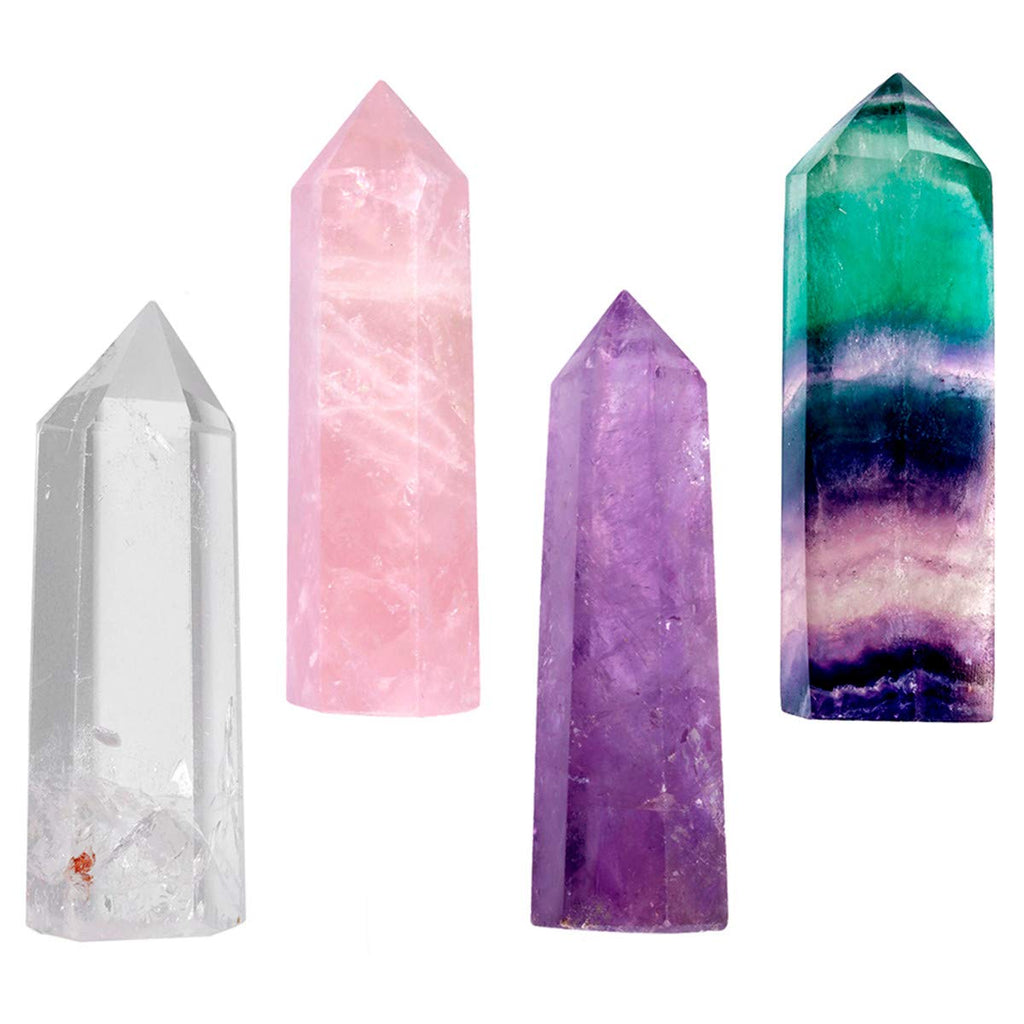 mookaitedecor 4 PCS Healing Crystal Wands Single Point 2 '' Amethyst, Rock Quartz, Rose Quartz, Rainbow Fluorite 6 Faceted Reiki