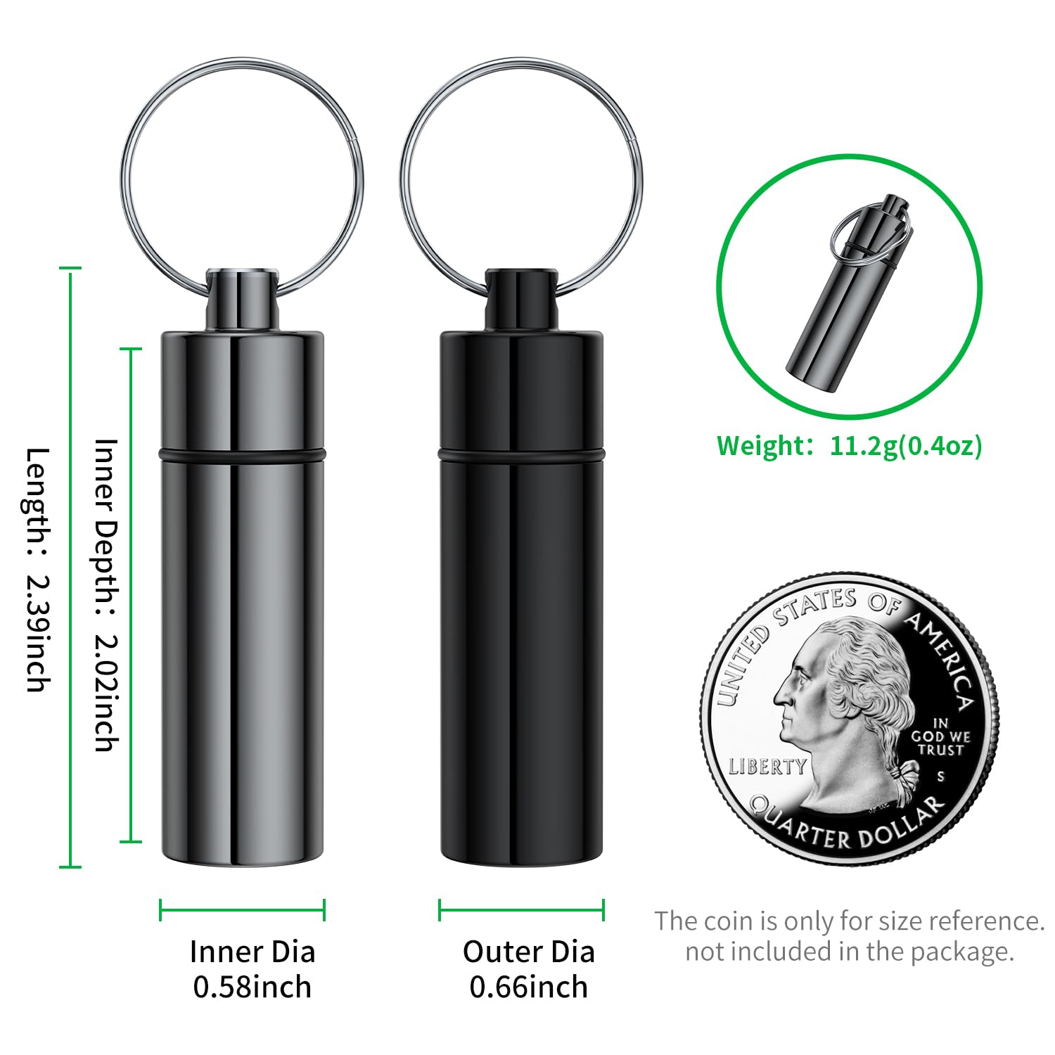 Small Pill Box,(2 Pack+2*Carabiner Clips) Keychain Pill Holder Portable Mini Travel Pill Container Metal Case Bottle with Keyrin