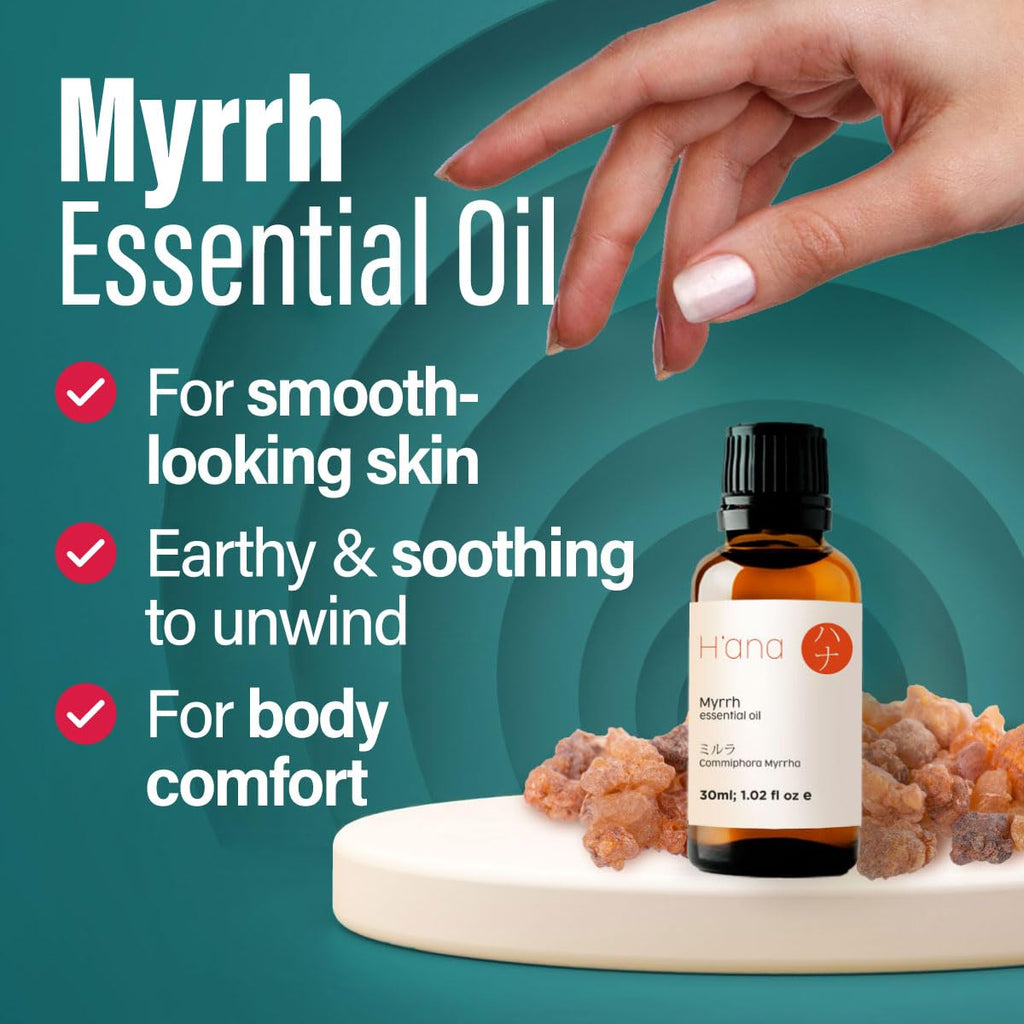 Hana Myrrh Essential Oil - 100% Pure and Natural Myrrh Oil for Diffuser, Skin, Hair, Candle Making, and Massage - with Earthy,