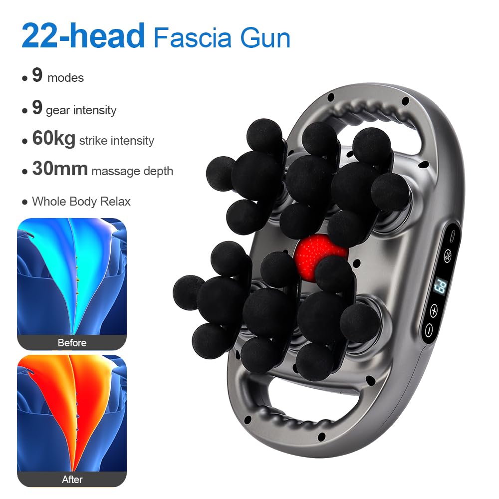 IeBilif Massage Gun, 22 Head Foot Back Neck Shoulder Massager with Adjustable Multi-Modes & Intensities, Fascia Gun for Athletes