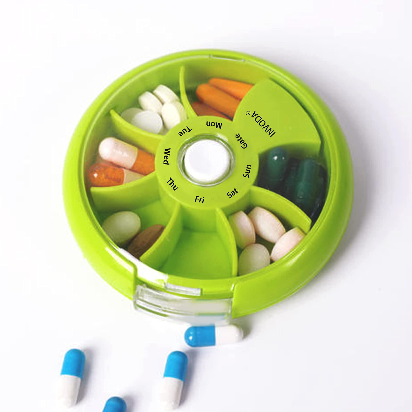 Pill Organizer Travel Pill Cases Weekly Cute Round Pill Box Purse Pill Container Portable Small Medicine Organizer(Green+Bag)