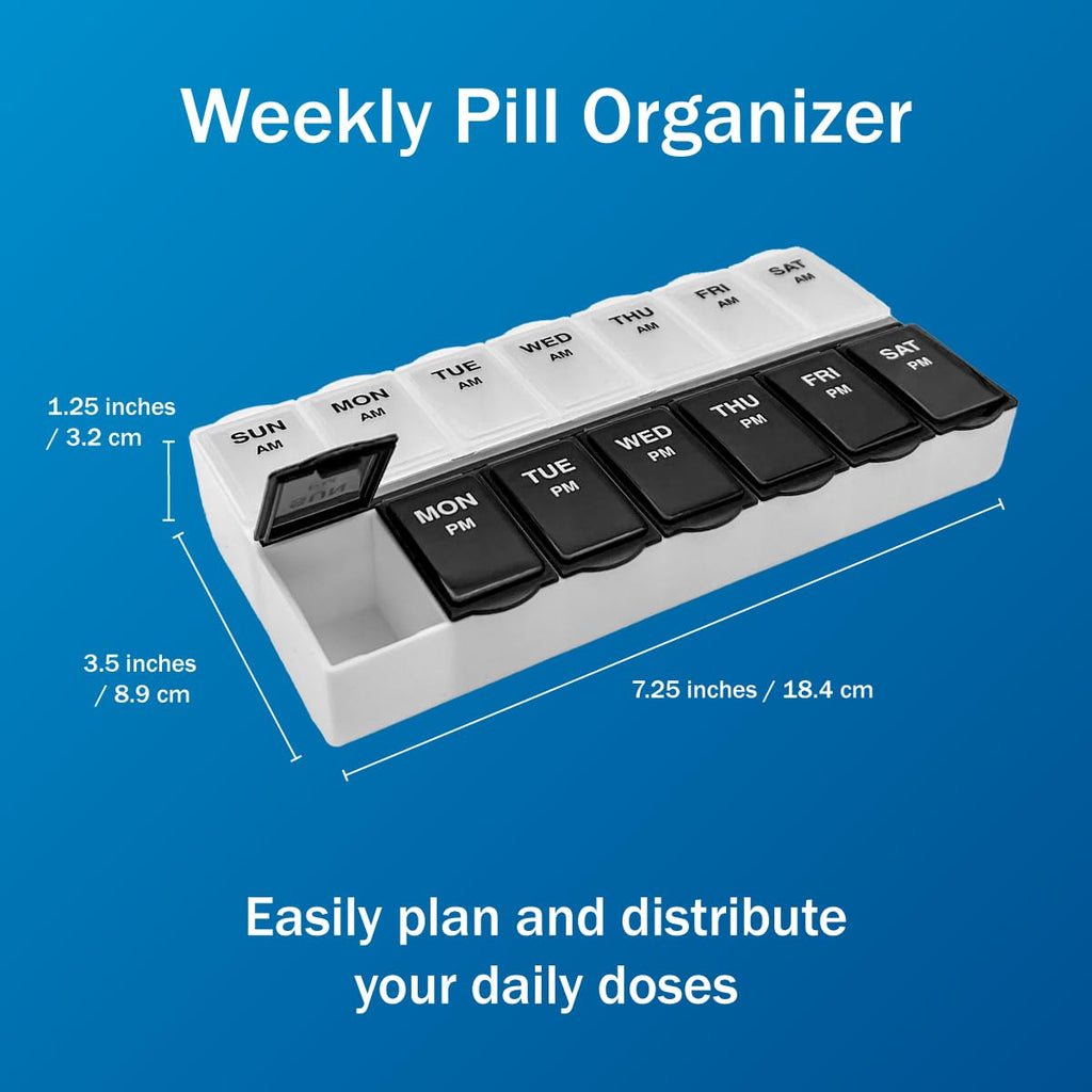 Amazon Basic Care (7-Day) AM/PM Pill Organizer, Vitamin Case, And Medicine Box, Large Compartments, 2 Times a Day, Black and Cle