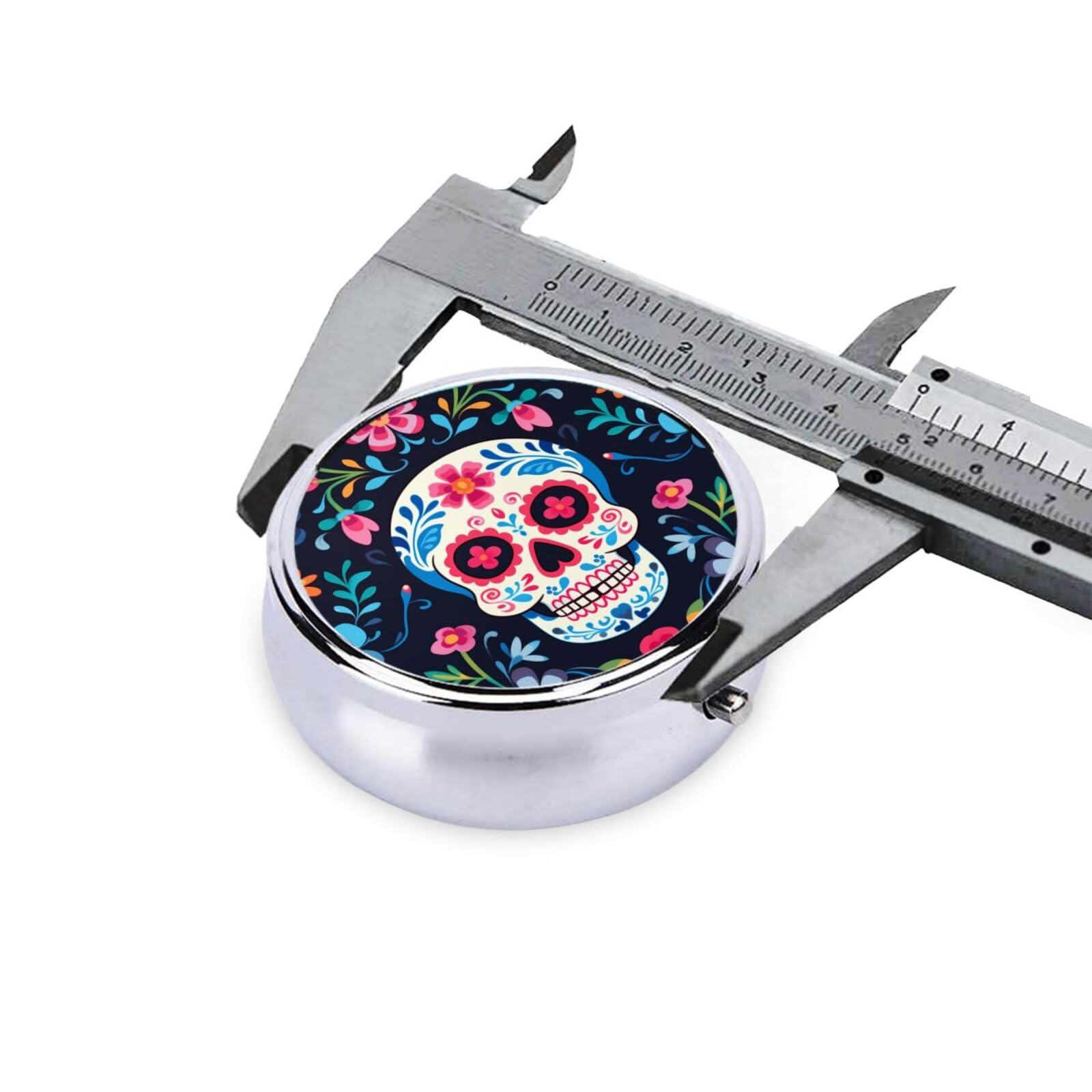 keluki Mexican Sugar Skull and Flowers Print Round Metal Pill Box with 3 Compartment for Pocket or Purse Travel Bag Mini Small S