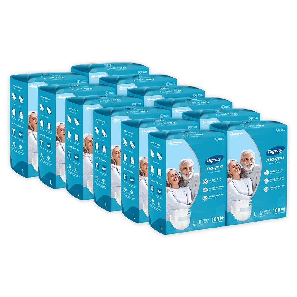 Dignity Magna Tape Style Adult Diapers  L (120 Pieces) With Wetness Indicator And Leakage Protection Upto 810 Hrs.