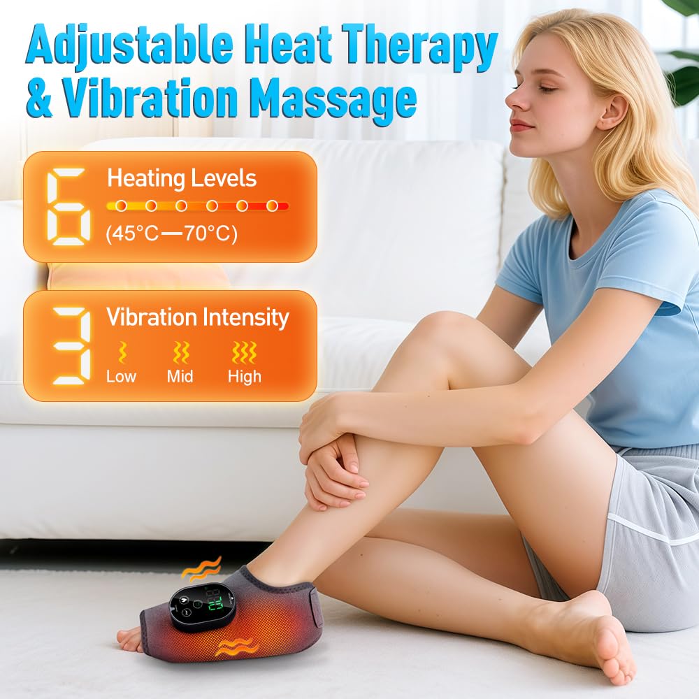Ankle Massager,3-in-1 Wearable Hot & Vibration Massager for Feet, Ankles, and Arms | Reusable Heating Pad Brace for Home Recover