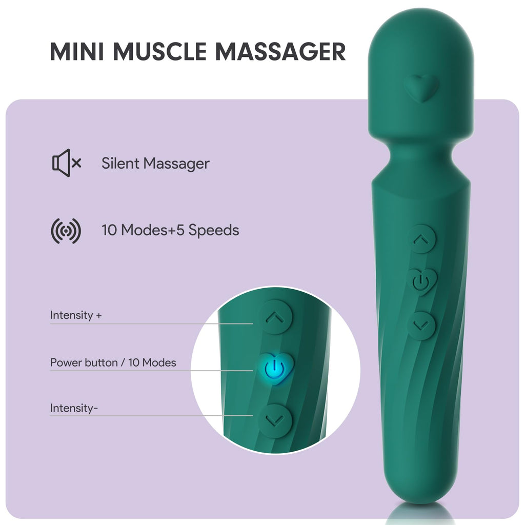 Electric Travel Massager, 10 Modes 5 Speed Powerful Silent Waterproof Handheld Neck Muscle Massage Tool (Green)