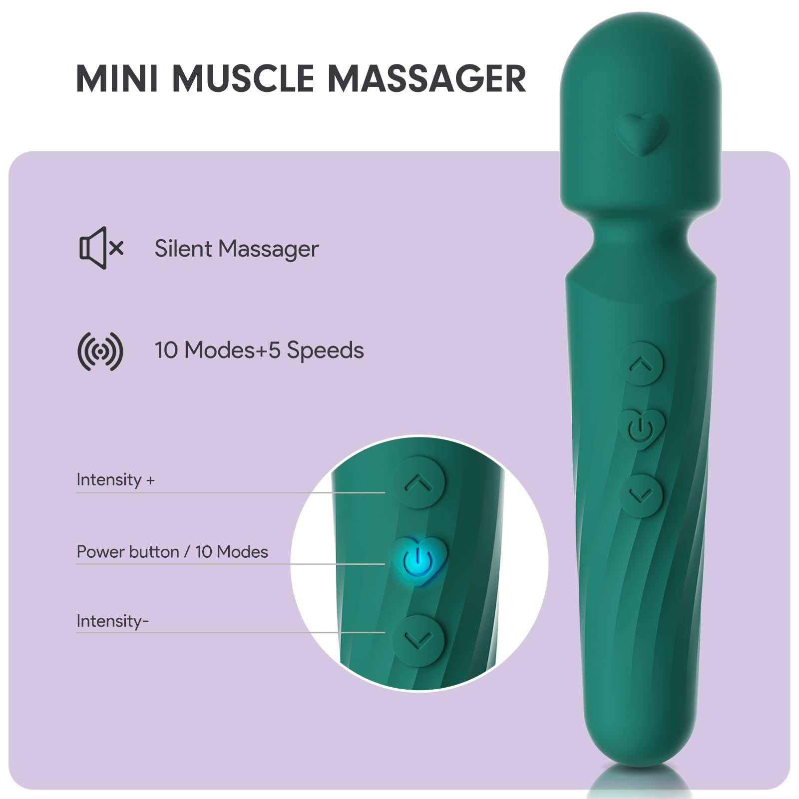 Electric Travel Massager, 10 Modes 5 Speed Powerful Silent Waterproof Handheld Neck Muscle Massage Tool (Green)