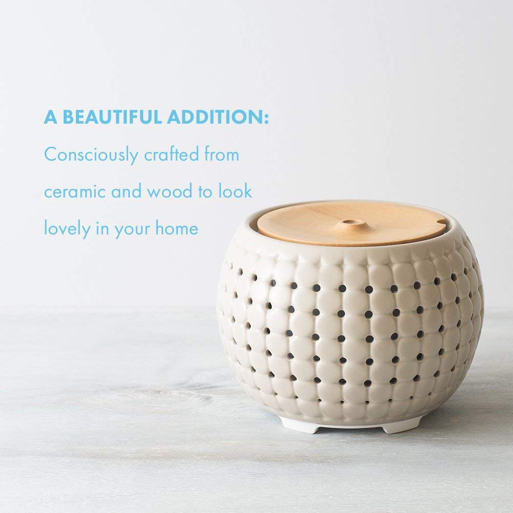Ellia , Gather Ultrasonic Aroma Diffuser , Grey , Ceramic & Wood | 200mL Humidifier with Color-Changing Light & Mood Sounds | 10