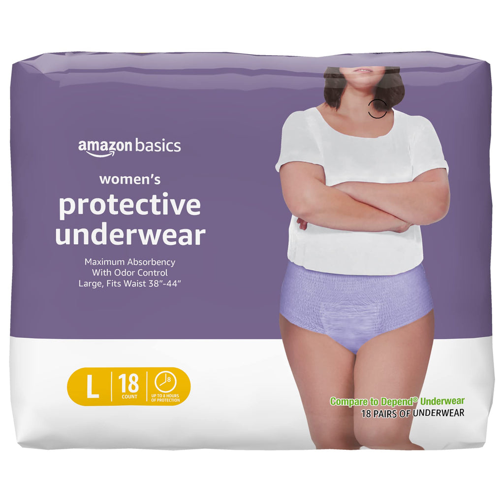 Amazon Basics Incontinence Underwear for Women, Protective, Disposable, Postpartum, Maximum Absorbency, Large, Lavender, 18 Coun