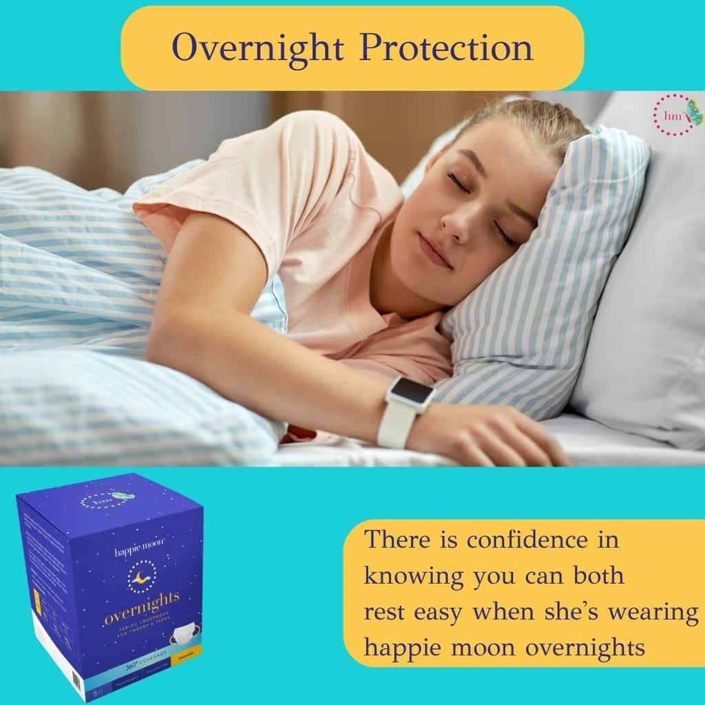 Happie Moon Overnight Period Underwear | 100% Cotton Covered Disposable Overnight for Tweens and Teens | Zero Chlorine, Bleach,