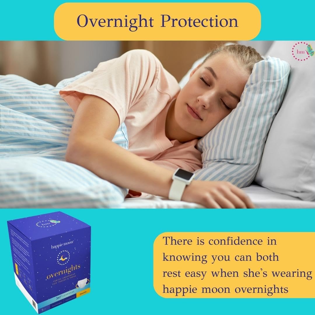 Happie Moon Overnight Period Underwear | 100% Cotton Covered Disposable Overnight for Tweens and Teens | Zero Chlorine, Bleach,