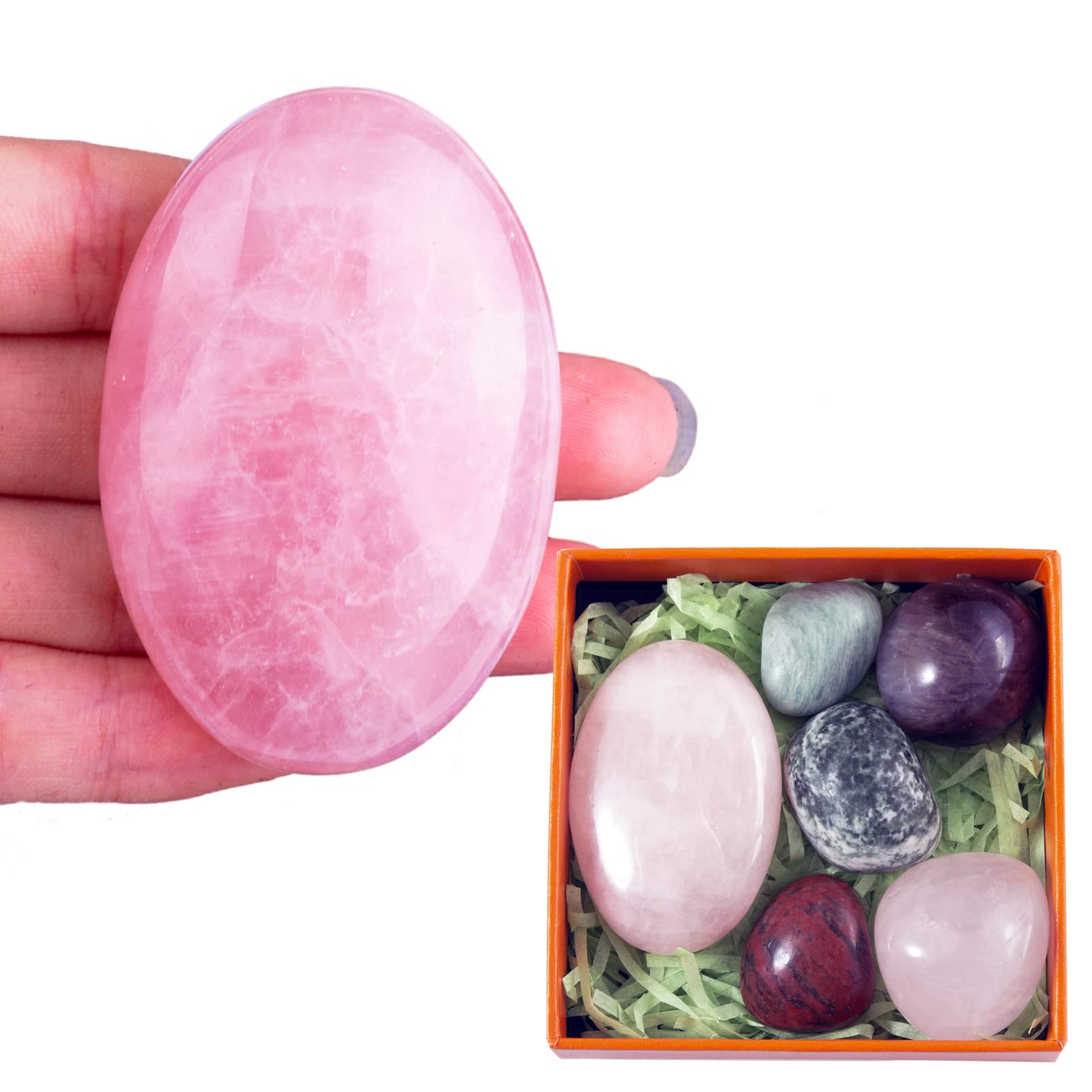 1PC Rose Quartz Natural Oval Palm Stone 2.4+ 5PCs Healing Gemtone, STINO Worry Stone for Anxitey, Pocket Healing Crystal Gem Sto