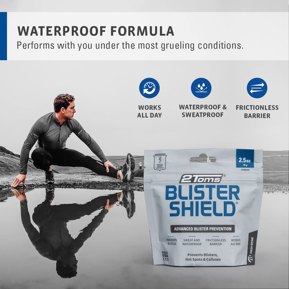 2Toms BlisterShield, Advanced Waterproof Blister Prevention Powder, Friction Free Protection for Feet, Hot Spots, and Calluses,