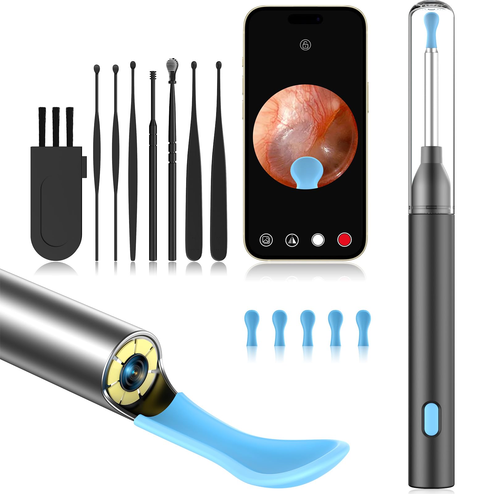 Ear Wax Removal Tool Camera with 8 Kits & 5 Ear Spoon, Ear Cleaner with Camera 1080P HD, Earwax Removal Kit with 6 LED Lights, E