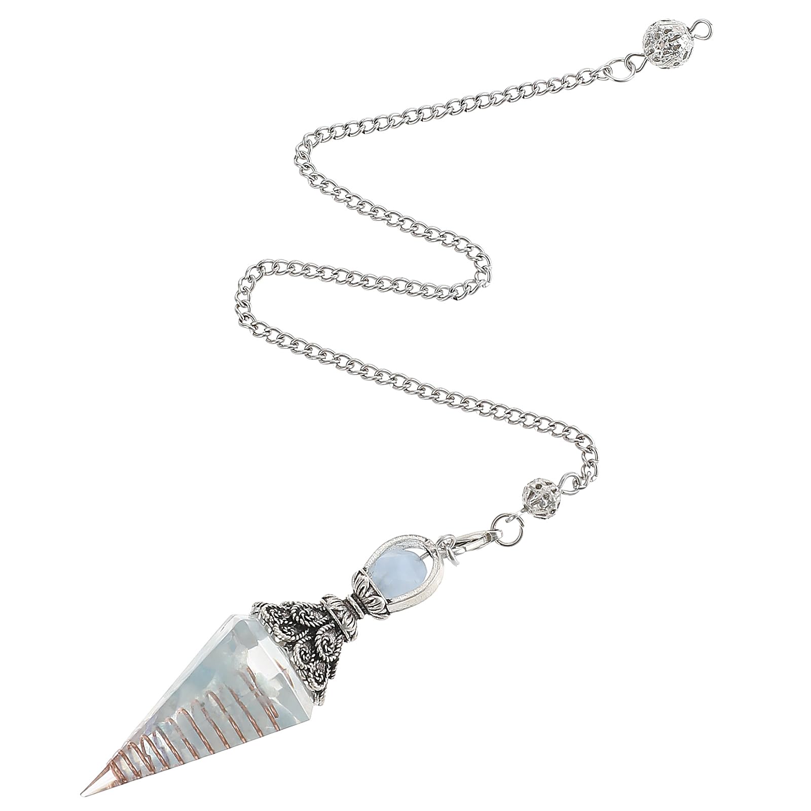 COMNICO Healing Crystal Pendulums, Aquamarine Spiritual Hexagonal Pointed Cone Resin Pendants with Chain, Divination Dowsing Too