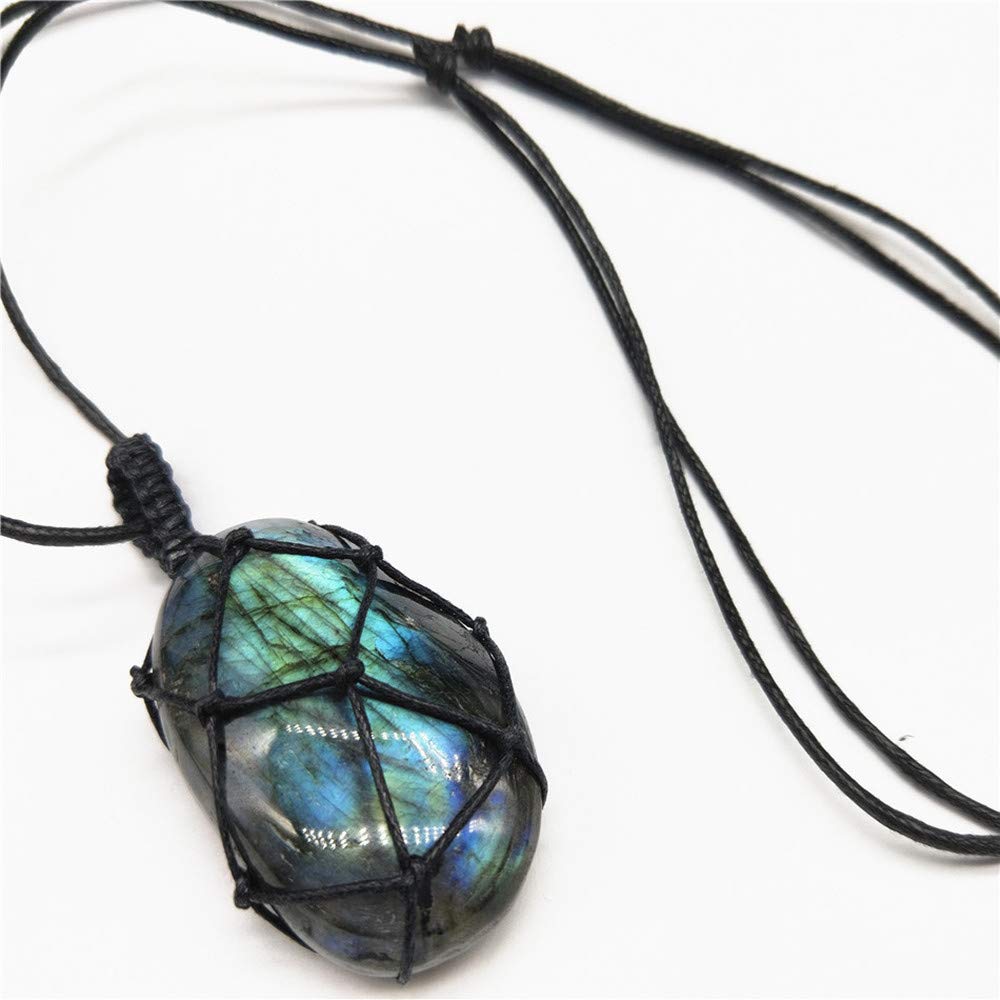 AITELEI Natural Labradorite Crystal Necklace Healing Chakra Pendant with Hand-Woven Rope Labradorite Palm Stone Moonstone Healin