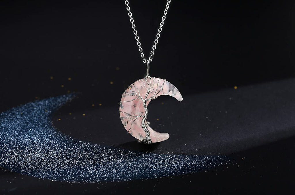 MAIBAOTA Rose Quartz Necklace Healing Crystal Stones Tree Life Wire Wrapped Crescent Moon Phase Pendant Necklace Mothers Day Gif