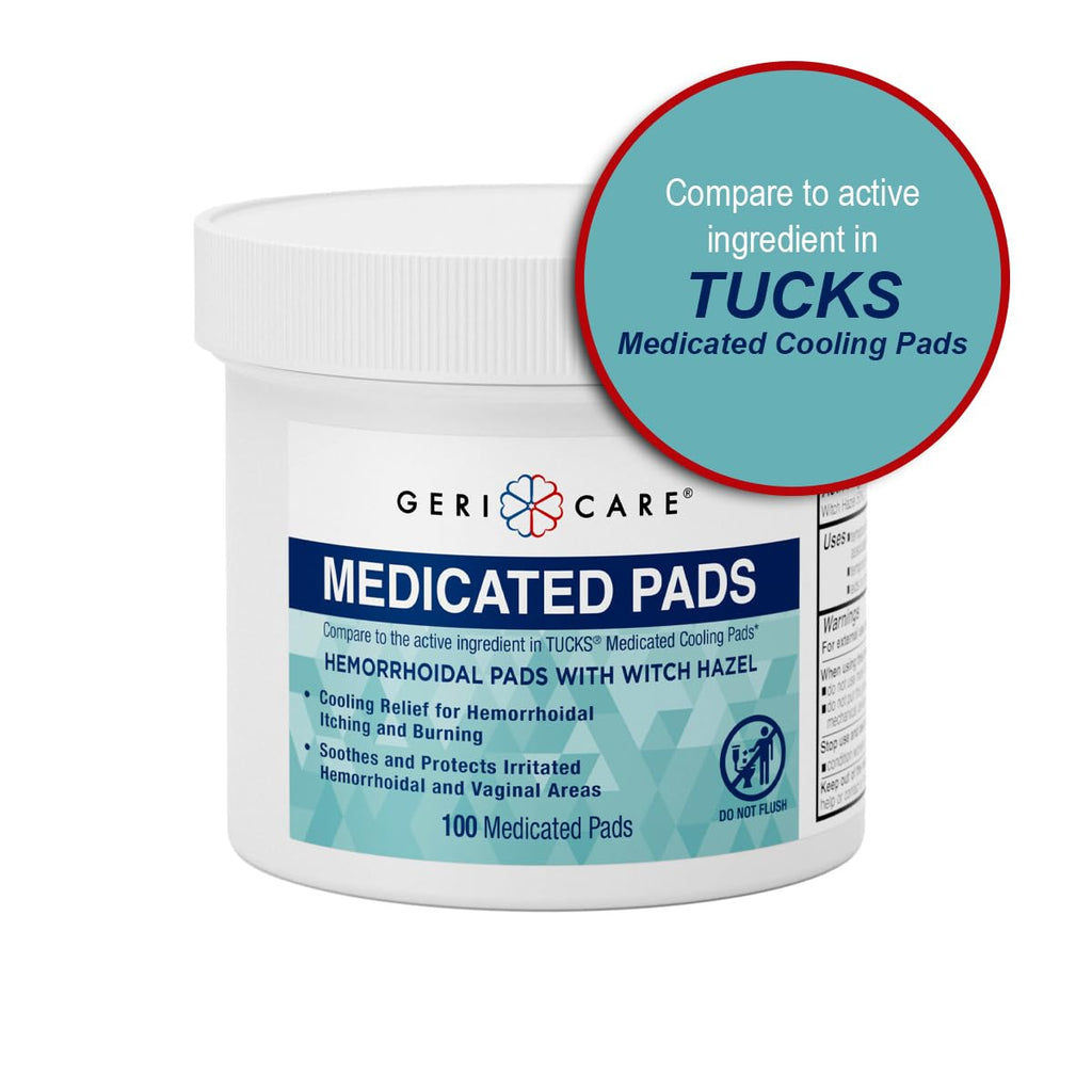 GeriCare Medicated Cooling Pads with Witch Hazel. for Soothing Itch, Discomfort, and Burning, Pre-Moistened Pads Ideal for Sensi
