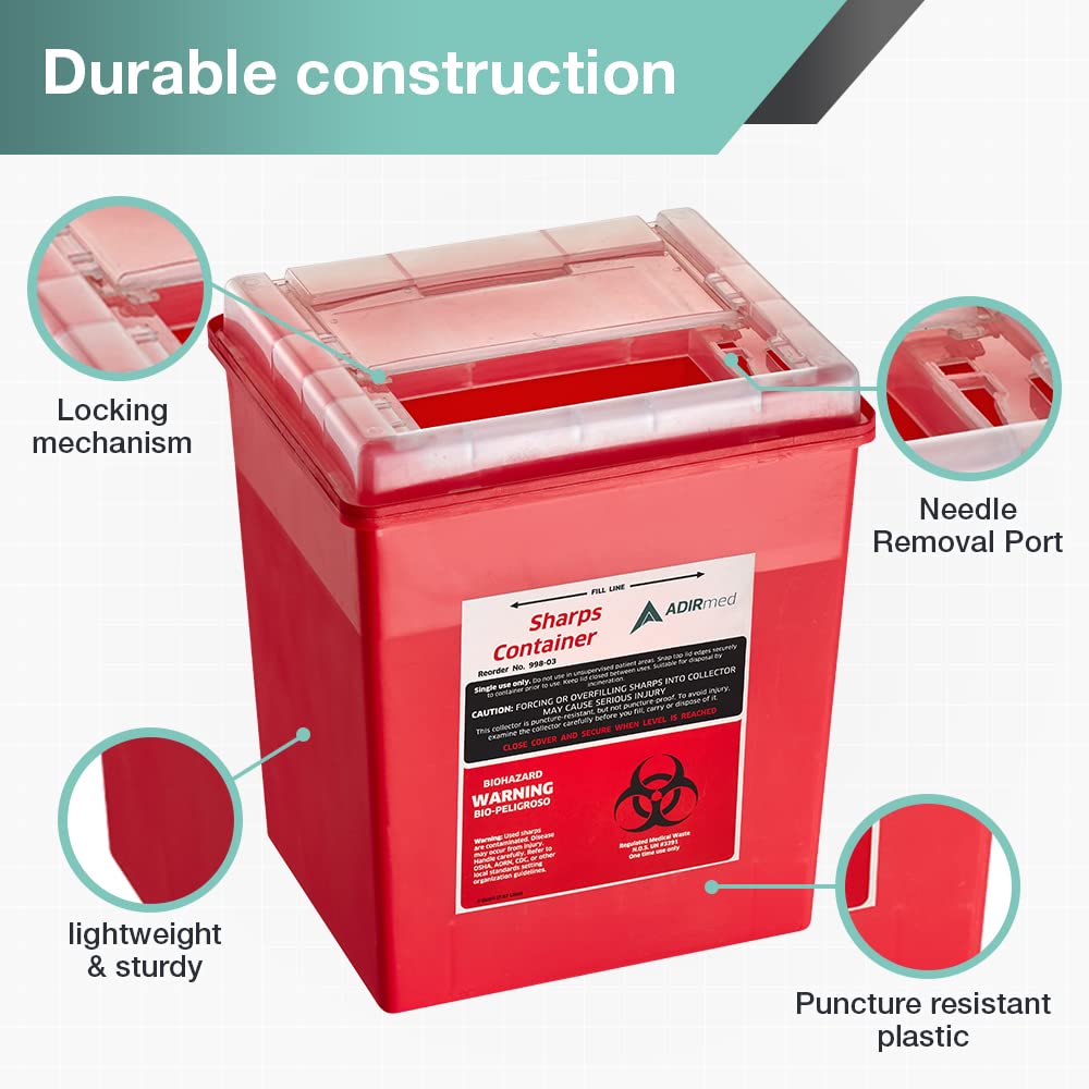 AdirMed Sharp Needle Disposal Container for Home, Clinic, Office, Barber Use with Flip Open Lid (8 Quart -2 Pack)