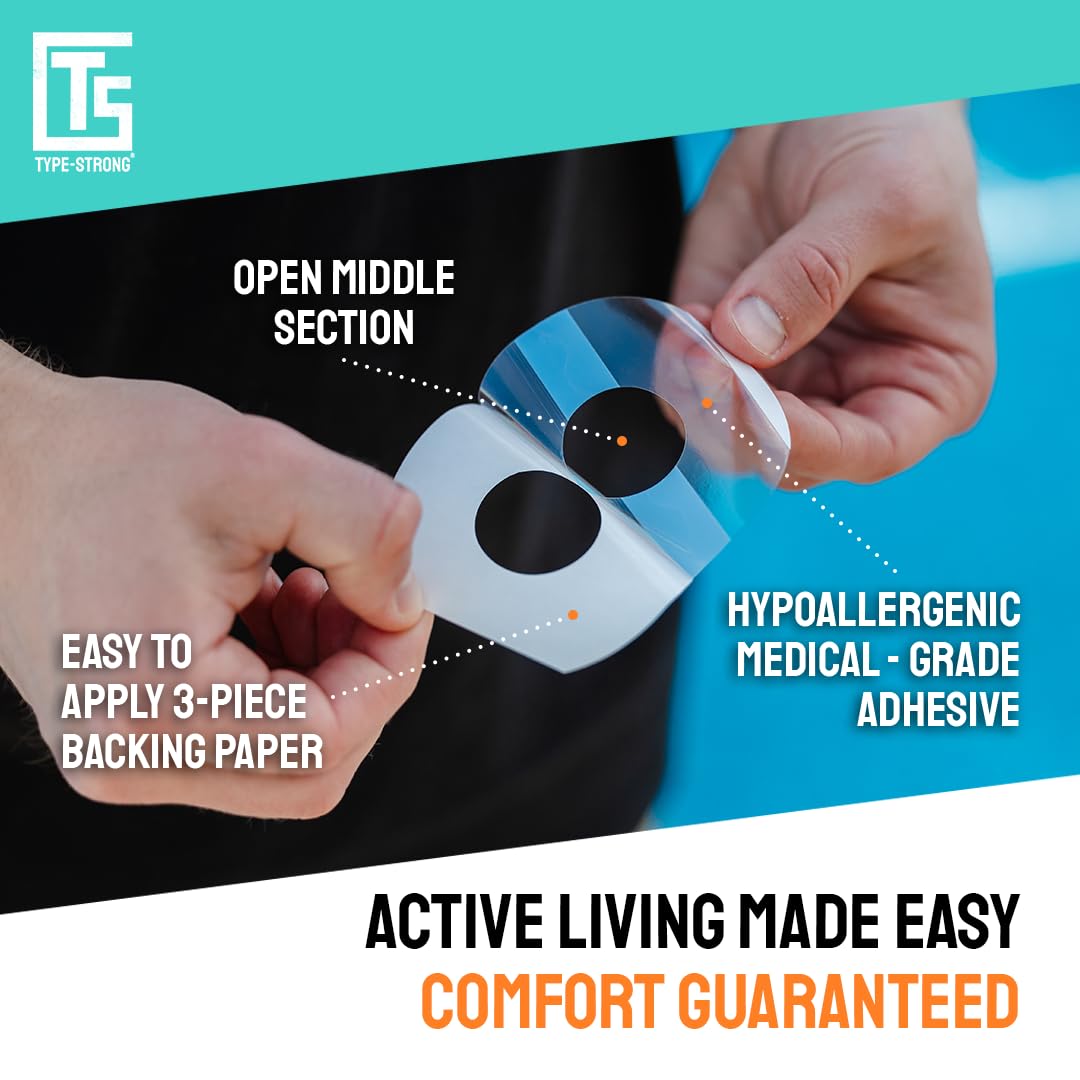 TYPE STRONG Universal Adhesive Patches for Insulin Pumps & Infusion Sets with 25mm Hole for Sensitive Skin. Sweat Proof & Waterp