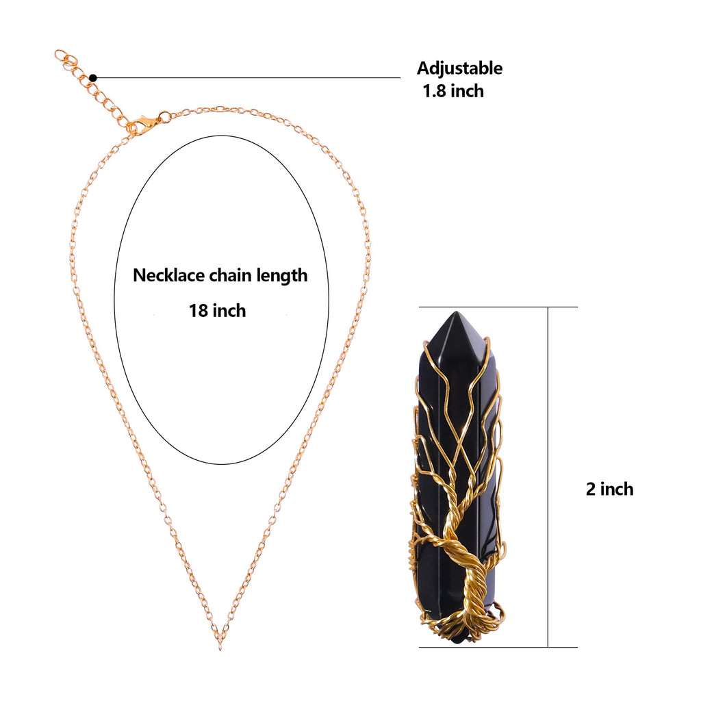 VIBILIA Healing Crystal Necklace Tree of Life Wire Wrapped Black Stone Point Pendant Necklace Hexagonal Reiki Spiritual Jewelry