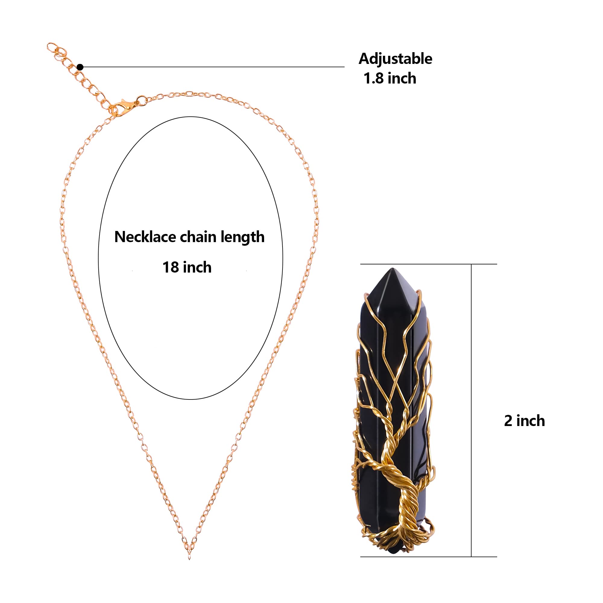 VIBILIA Healing Crystal Necklace Tree of Life Wire Wrapped Black Stone Point Pendant Necklace Hexagonal Reiki Spiritual Jewelry