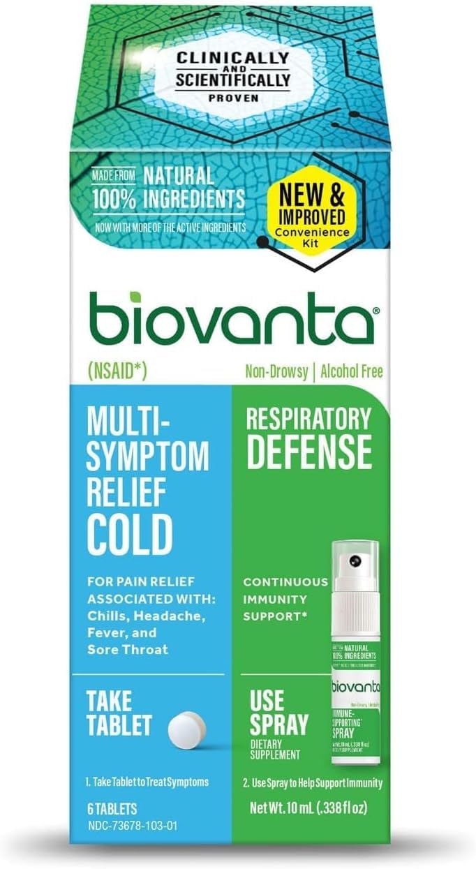 Biovanta Cold and Flu Relief Kit Plus Immune Support, Soothing Throat Spray, 10mL, 6 Plant-Based Aspirin Tablets, Multi-Symptom 