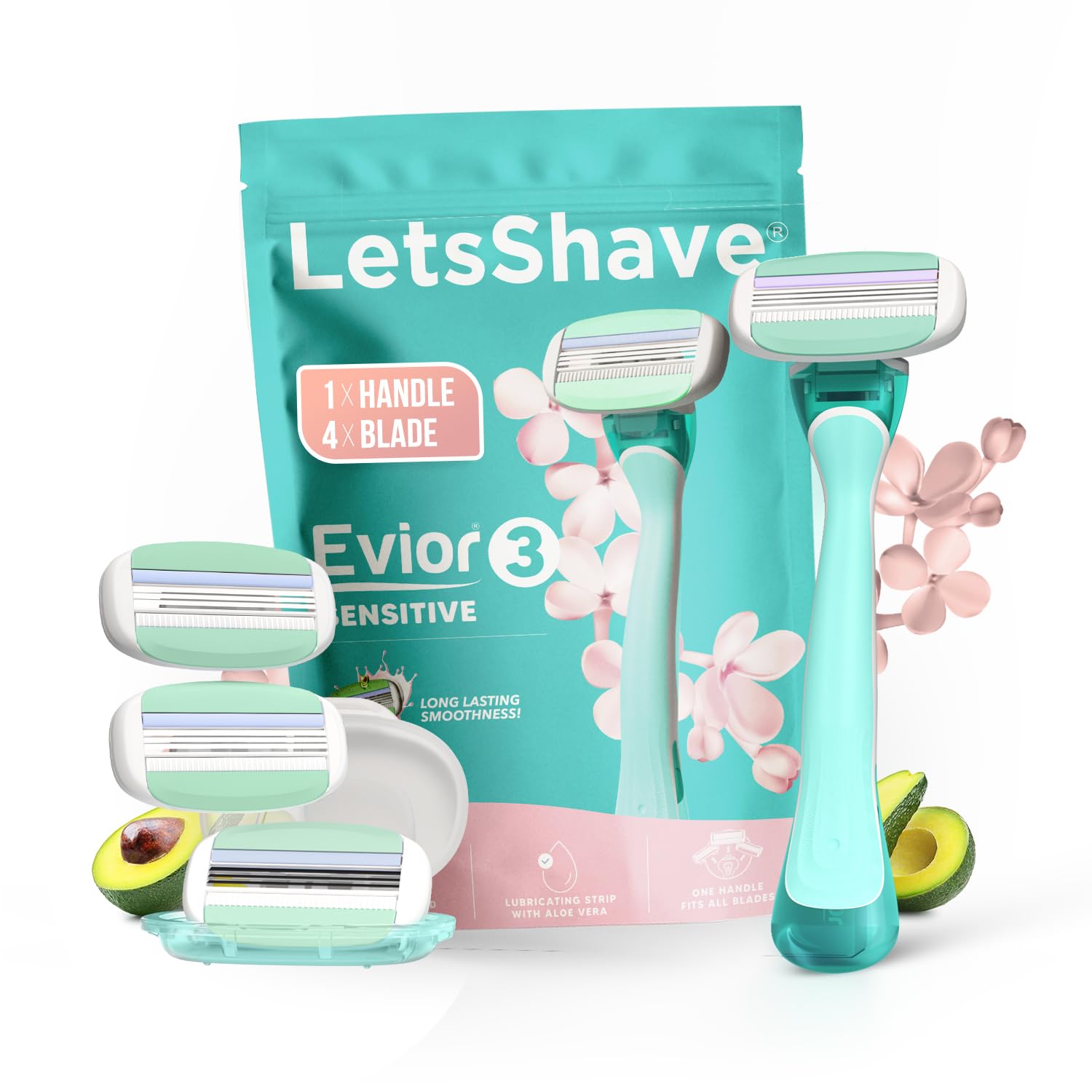 Letsshave Evior 3 Sensitive Shaving Razor Value Set | 1 Handle + 4 Blades | Dual Moisture Bar With Aloevera, Vitamin E, Argan & 