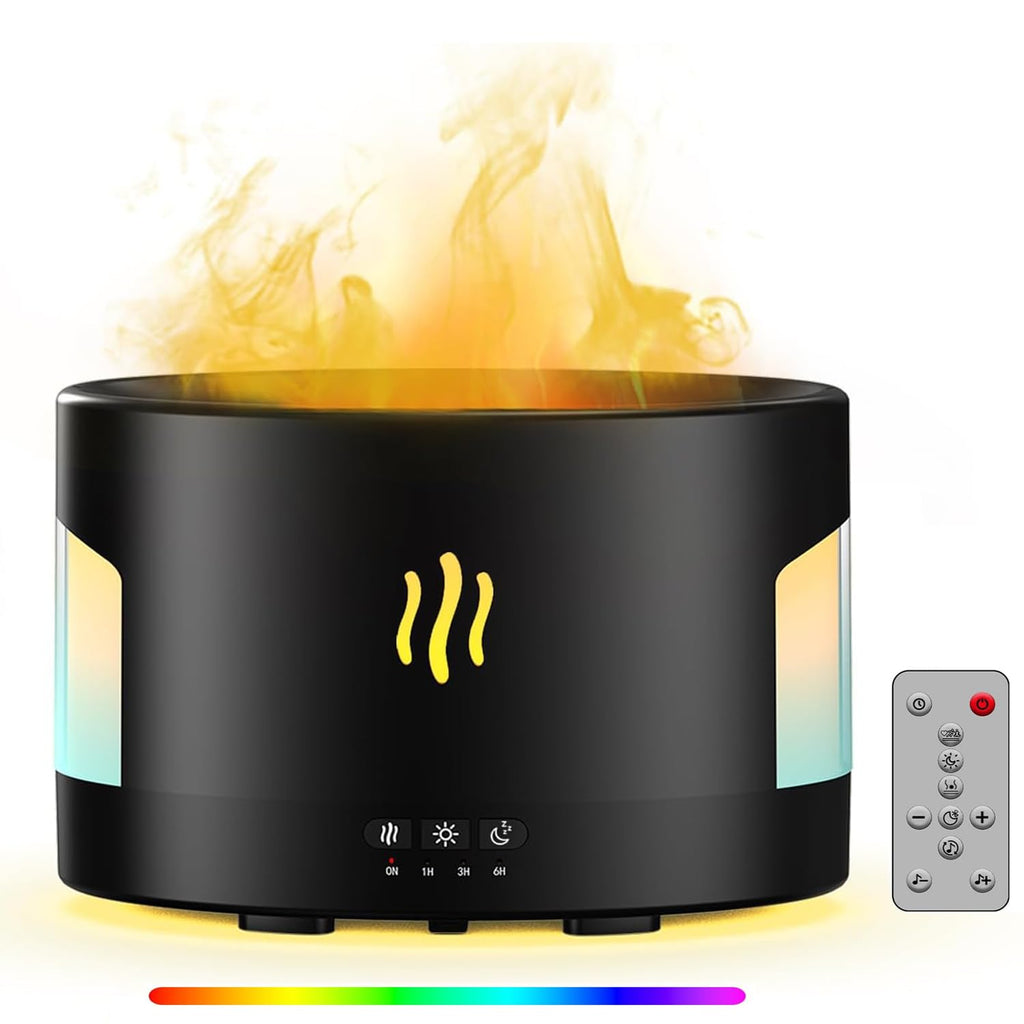 Depulat 4-in-1 7-Color Flame Aroma Essential Oil Diffuser, 450ML Quiet Humidifier for Large Room Mist Adjustable, Bluetooth Spea