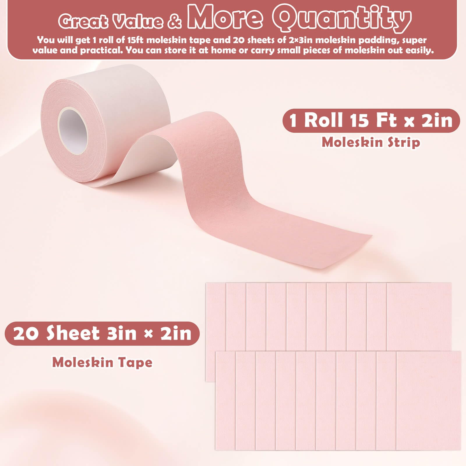 Jupwalz 15Ft Moleskin for Feet & 20Sheets Extra Durable Moleskin Tape, Adhesive Cotton Moleskin for Blisters, Mole Skin Tape Rol