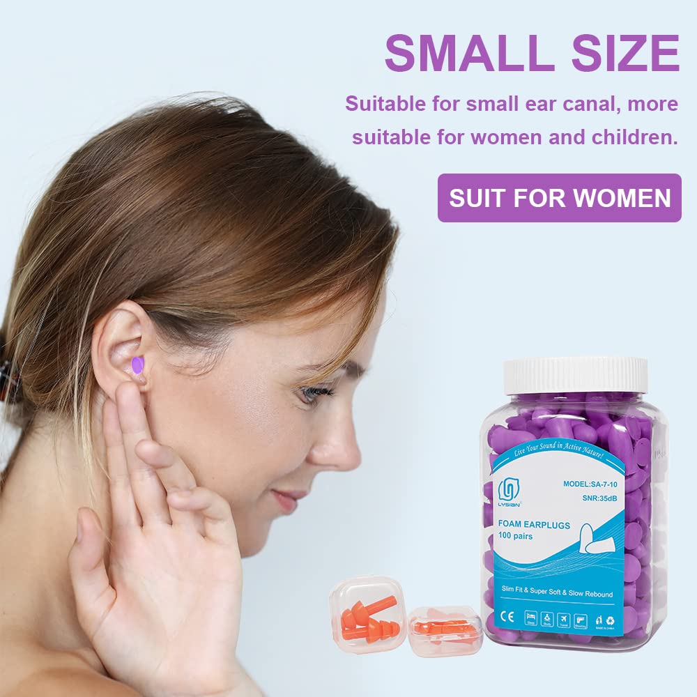 LYSIAN Slim Size Foam Ear Plugs for Small Ear Canals Women, Kids, 100 Pairs, 35dB SNR Noise Canceling Earplugs for Sleeping, Wor