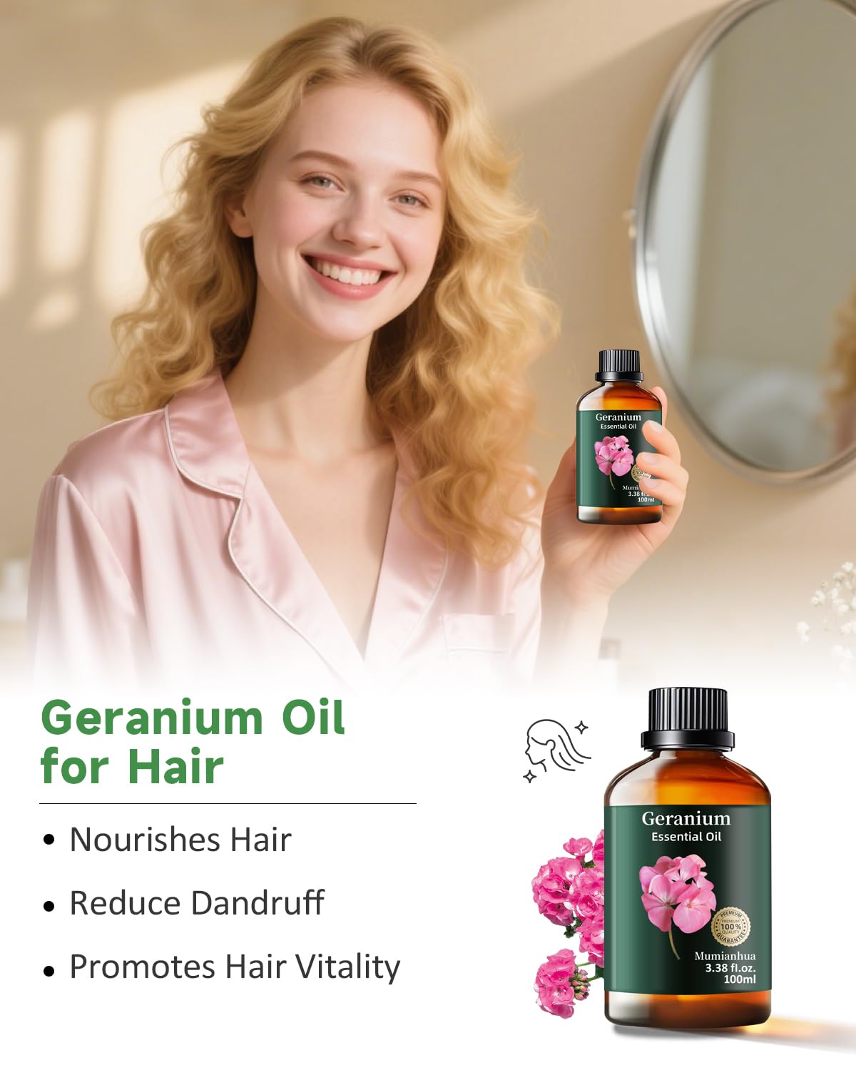 Mumianhua 100% Pure Geranium Essential Oil Natural Geranium Oil for Skin, Diffuser, Massages, DIY, Skin, Hair, Bath, Aromatherap