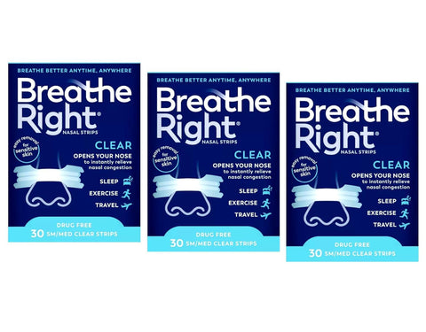 Breathe Right Nasal Strips - Clear - For Sensitive Skin - Sm / Med Clear Strips - 30 Count Strips Per Box - Pack of 3