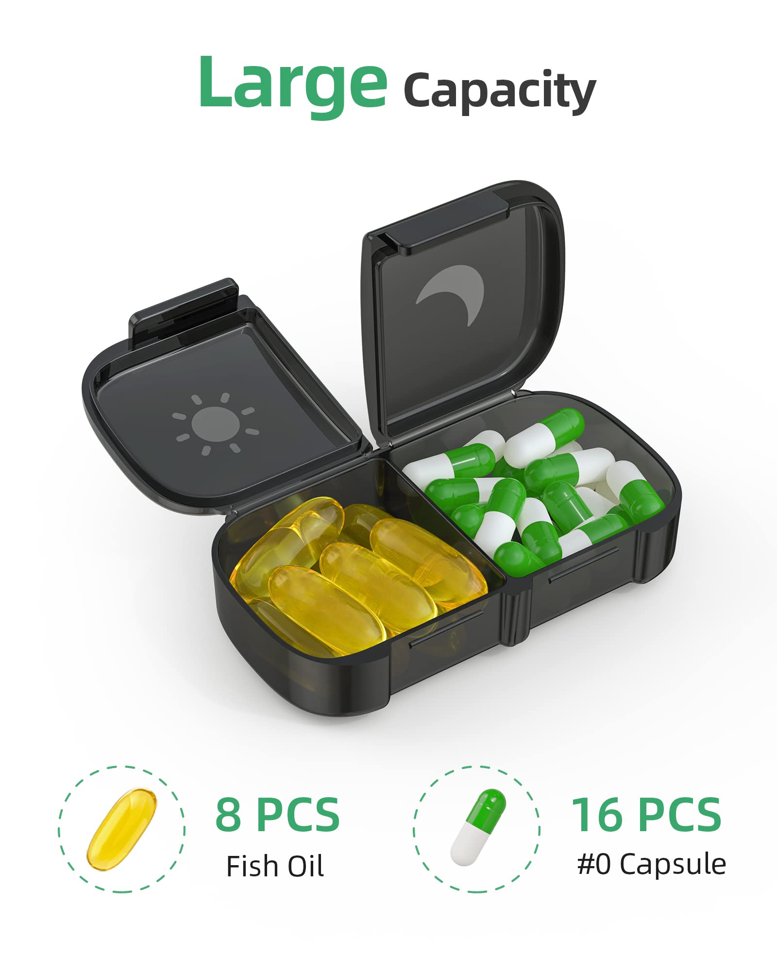 PULIV Extra Large Weekly Pill Organizer 2 Times a Day, One-Side Open Pill Box 7 Day for Easy Filling, Black Privacy Protection A
