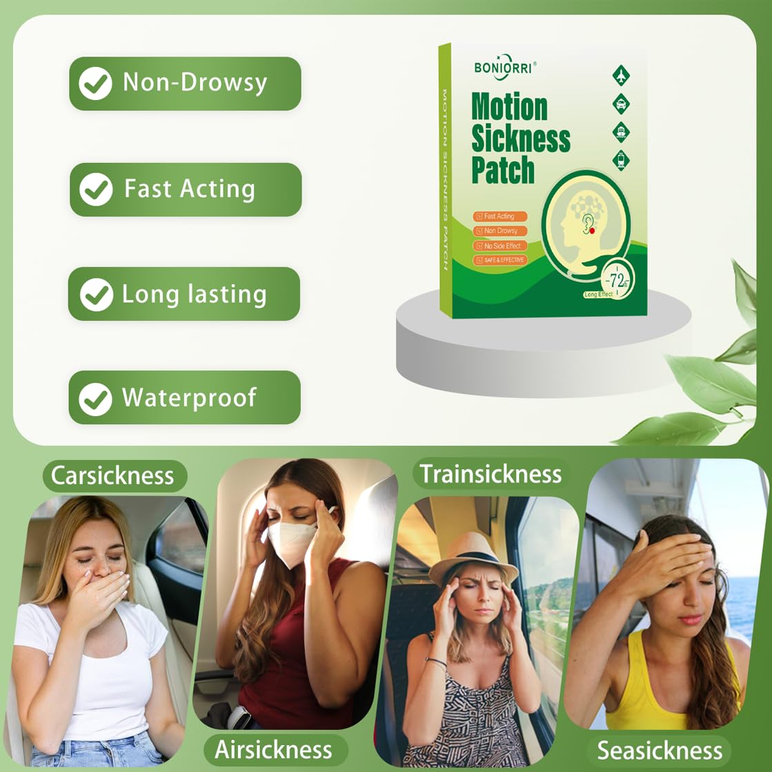 BONIORRI Motion Sickness Patches - Sea Sickness Patches for Cruise, Seasickness Patch Non Drowsy Behind Ear for Car, Sea, Air Si